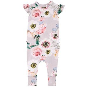 Posh Peanut French Gray Ruffle Cap Sleeve Romper - 3-6 months